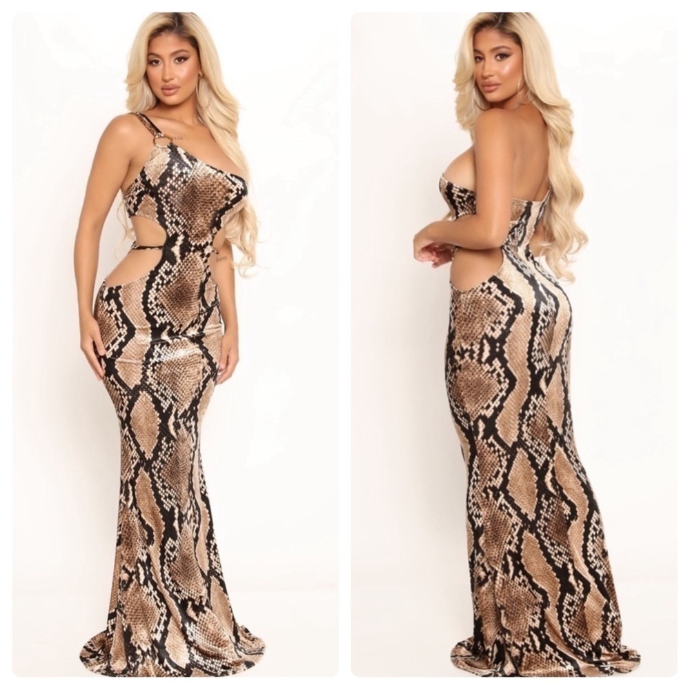 Fashion Nova Sierra Velvet Maxi Dress Brown Combo - Python - Snake Print Sz. XL